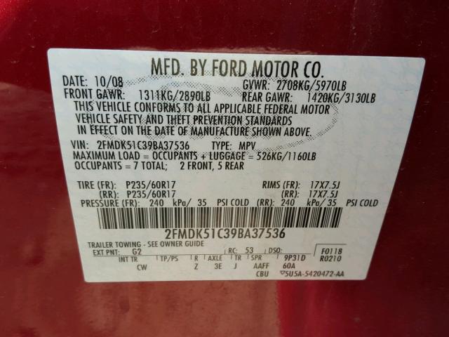 2FMDK51C39BA37536 - 2009 FORD FLEX SE RED photo 10