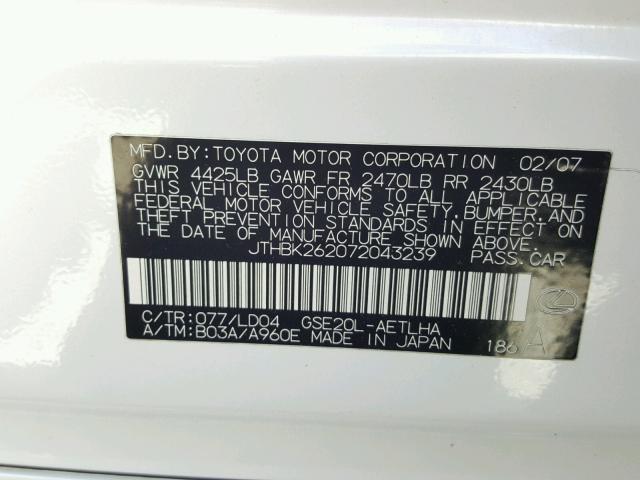 JTHBK262072043239 - 2007 LEXUS IS 250 WHITE photo 10