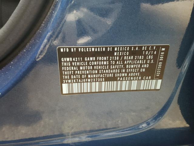 3VW2K7AJ6FM237355 - 2015 VOLKSWAGEN JETTA BASE Կապույտ լուսանկար 10
