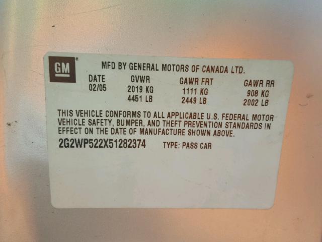 2G2WP522X51282374 - 2005 PONTIAC GRAND PRIX Сұр фото 10