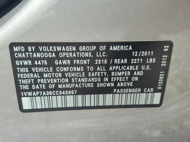 1VWAP7A38CC040957 - 2012 VOLKSWAGEN PASSAT S SILVER photo 10