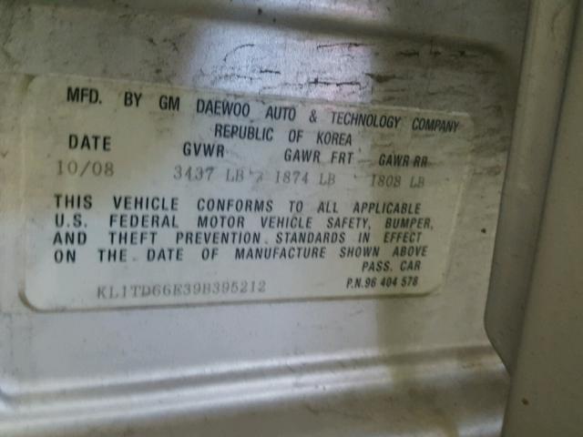 KL1TD66E39B395212 - 2009 CHEVROLET AVEO LS SILVER photo 10