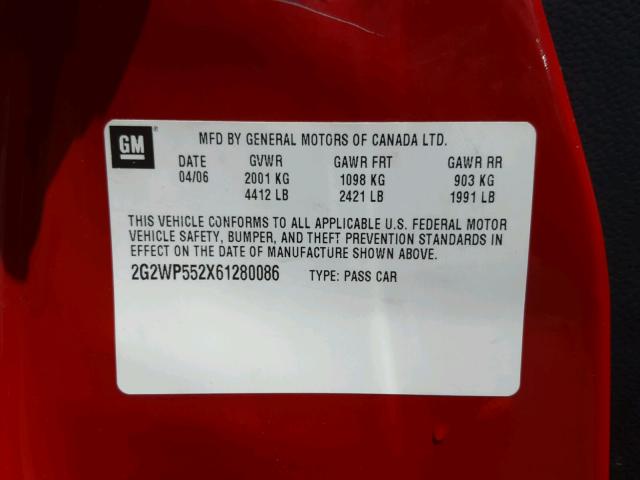 2G2WP552X61280086 - 2006 PONTIAC GRAND PRIX RED photo 10