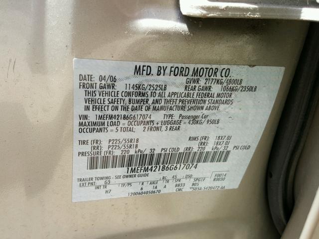 1MEFM42186G617074 - 2006 MERCURY MONTEGO PR 棕色 照片 10