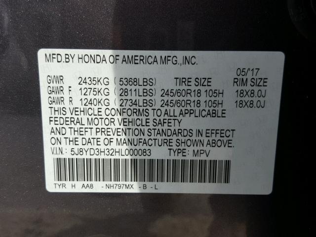 5J8YD3H32HL000083 - 2017 ACURA MDX GRAY photo 10