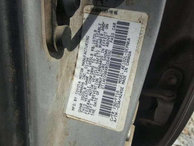 2T1AE09BXRC064592 - 1994 TOYOTA COROLLA LE 银色 照片 10