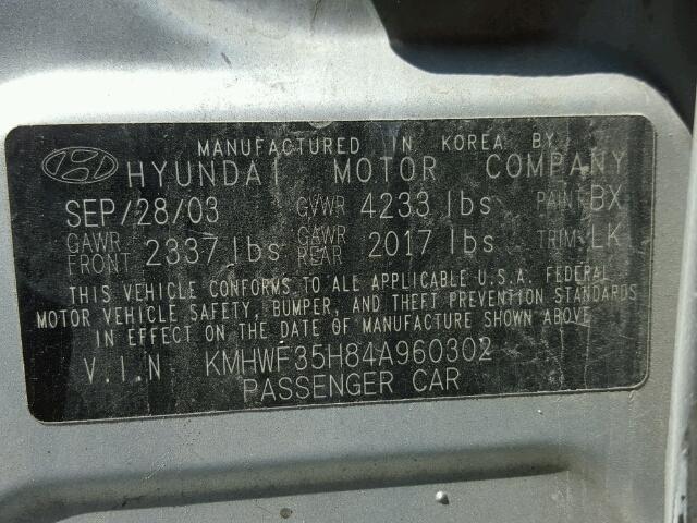 KMHWF35H84A960302 - 2004 HYUNDAI SONATA GLS SILVER photo 10