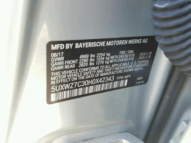 5UXWZ7C30H0X42343 - 2017 BMW X3 SDRIVE2 SILVER photo 10