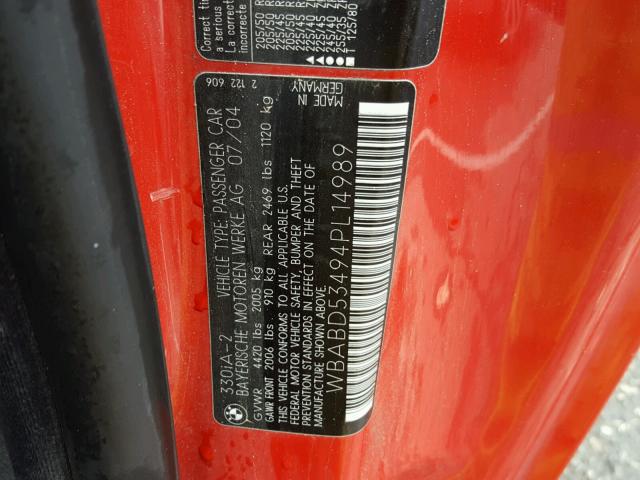 WBABD53494PL14989 - 2004 BMW 330 CI RED photo 10