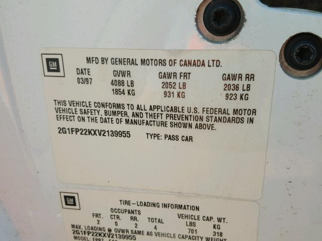 2G1FP22KXV2139955 - 1997 CHEVROLET CAMARO BAS 白色 照片 10