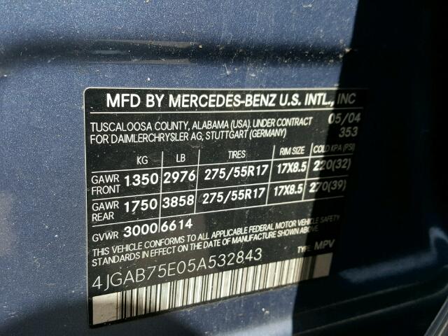 4JGAB75E05A532843 - 2005 MERCEDES-BENZ ML 500 BLUE photo 10