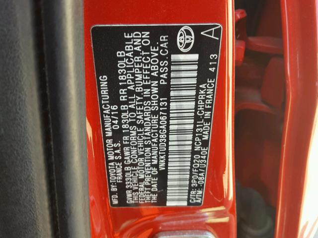 VNKKTUD38GA067131 - 2016 TOYOTA YARIS L RED photo 10