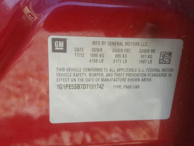 1G1PE5SB7D7191742 - 2013 CHEVROLET CRUZE LT RED photo 10