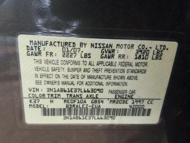 3N1AB61E37L663090 - 2007 NISSAN SENTRA 2.0 GRAY photo 10