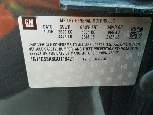 1G11C5SA6GU118421 - 2016 CHEVROLET MALIBU LIM GRAY photo 10