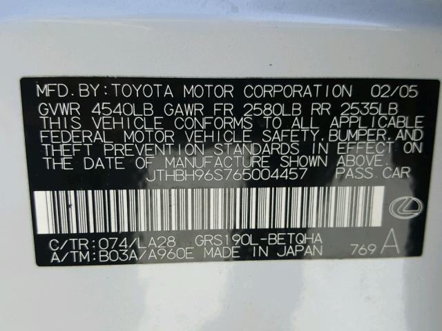 JTHBH96S765004457 - 2006 LEXUS GS GENERAT WHITE photo 10