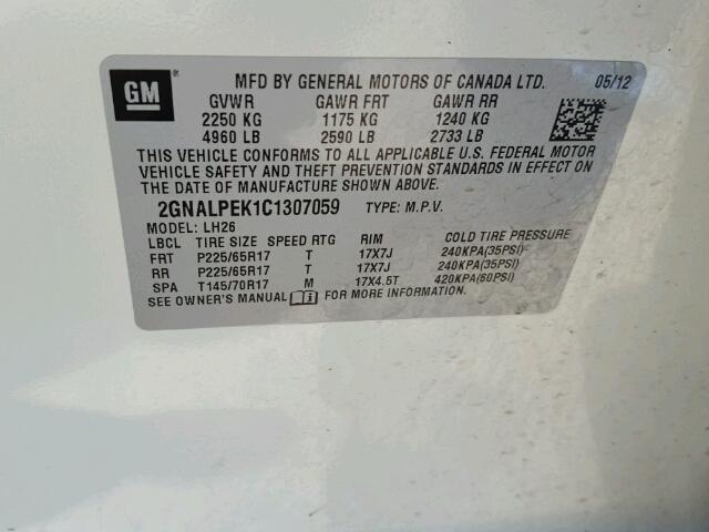 2GNALPEK1C1307059 - 2012 CHEVROLET EQUINOX WHITE photo 10