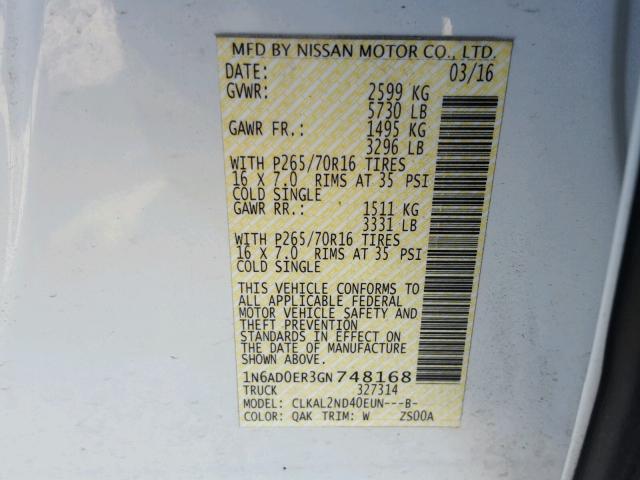 1N6AD0ER3GN748168 - 2016 NISSAN FRONTIER S WHITE photo 10