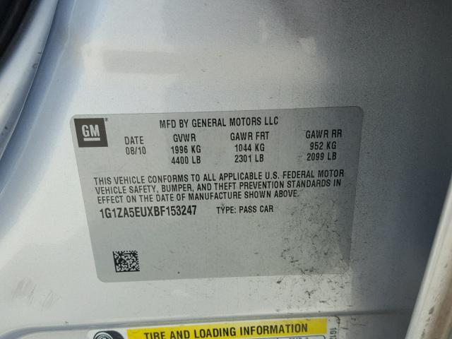 1G1ZA5EUXBF153247 - 2011 CHEVROLET MALIBU LS ვერცხლისფერი ფოტო 10