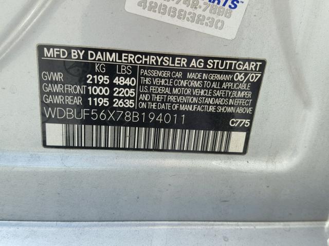 WDBUF56X78B194011 - 2008 MERCEDES-BENZ E 350 SILVER photo 10