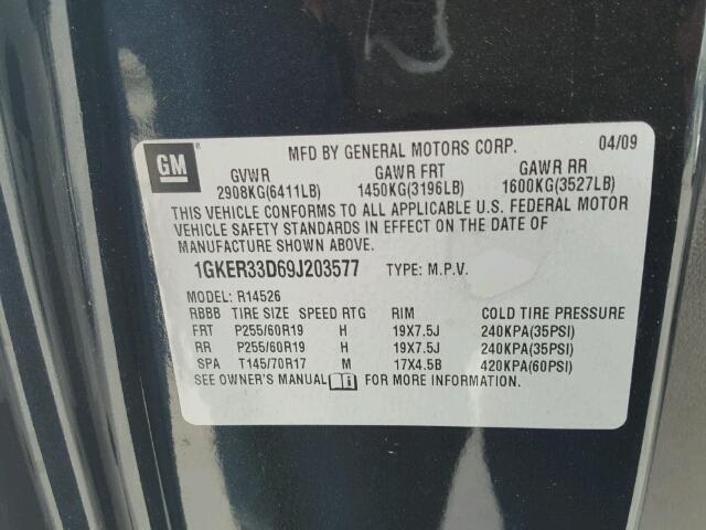 1GKER33D69J203577 - 2009 GMC ACADIA SLT Qara foto 10