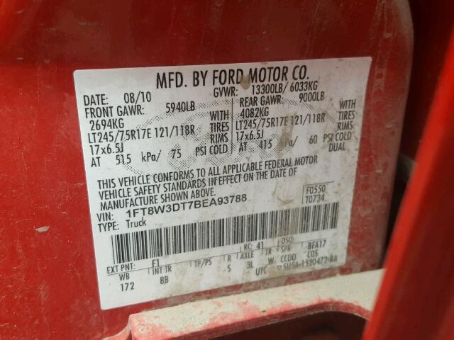 1FT8W3DT7BEA93788 - 2011 FORD F350 SUPER RED photo 10