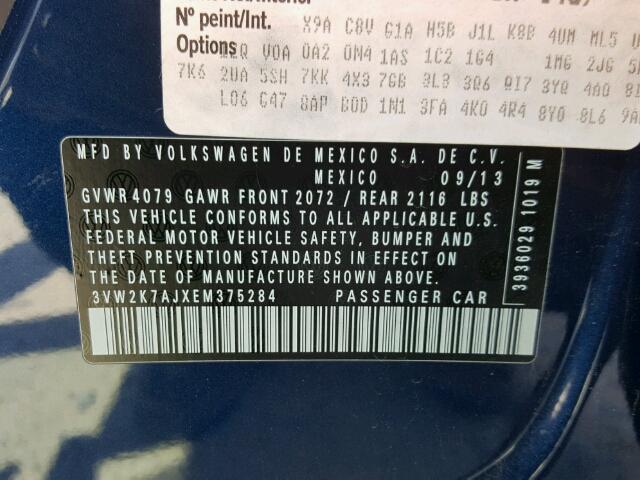 3VW2K7AJXEM375284 - 2014 VOLKSWAGEN JETTA BASE Կապույտ լուսանկար 10
