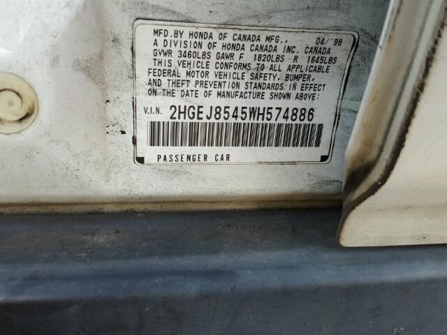 2HGEJ8545WH574886 - 1998 HONDA CIVIC EX أبيض صورة 10