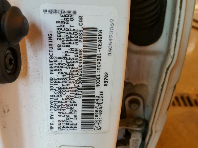 4T1BF30K63U048606 - 2003 TOYOTA CAMRY LE WHITE photo 10