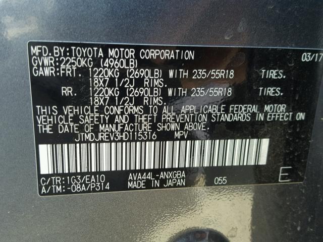 JTMDJREV3HD115316 - 2017 TOYOTA RAV4 HV LI CHARCOAL photo 10