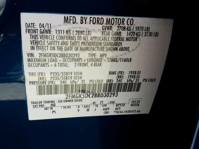 2FMGK5DC2BBD30293 - 2011 FORD FLEX LIMIT BLUE photo 10