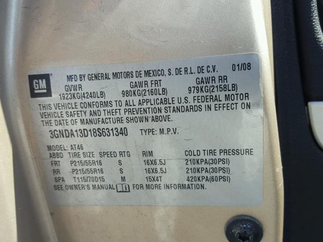 3GNDA13D18S631340 - 2008 CHEVROLET HHR LS GOLD photo 10
