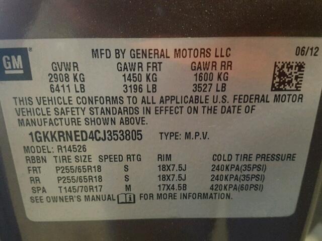 1GKKRNED4CJ353805 - 2012 GMC ACADIA BROWN photo 10