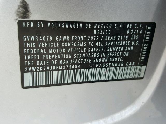 3VW2K7AJ8EM275684 - 2014 VOLKSWAGEN JETTA BASE 银色 照片 10
