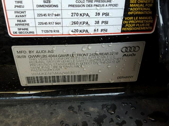 WAUKEAFM4AA043677 - 2010 AUDI A3 BLACK photo 10