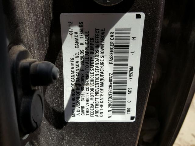 2HGFB2F93CH548372 - 2012 HONDA CIVIC EXL BROWN photo 10