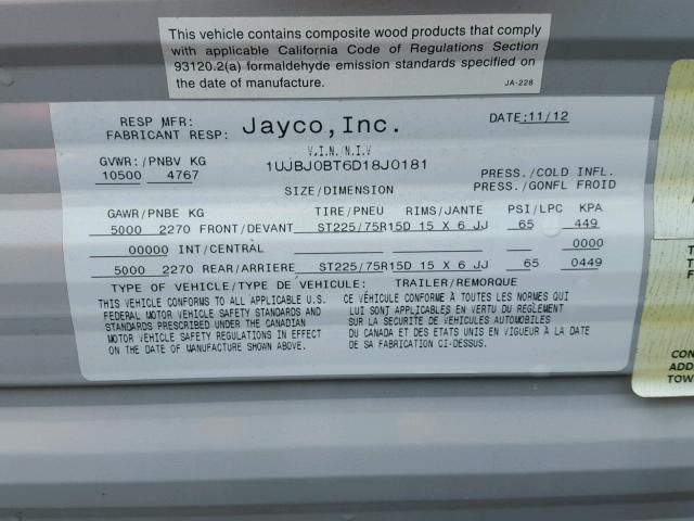 1UJBJ0BT6D18J0181 - 2013 OTHER JAYCO WHITE photo 10