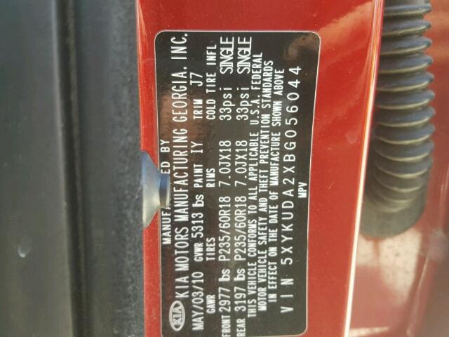 5XYKUDA2XBG056044 - 2011 KIA SORENTO EX Qırmızı foto 10