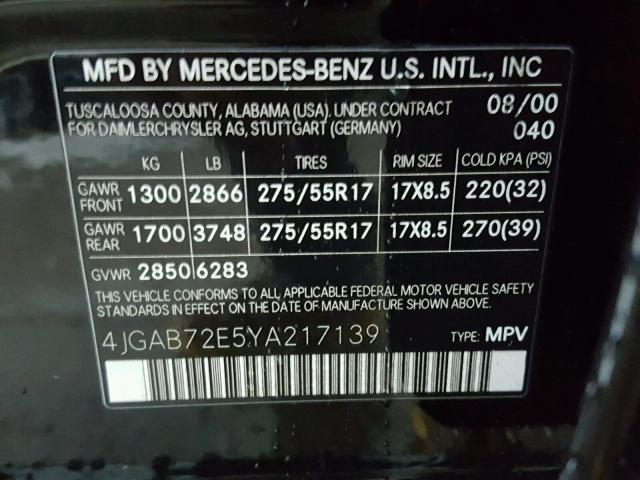 4JGAB72E5YA217139 - 2000 MERCEDES-BENZ ML 430 黑色 照片 10