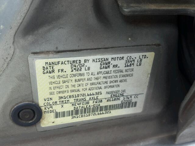 3N1CB51D72L666321 - 2002 NISSAN SENTRA XE/ GRAY photo 10