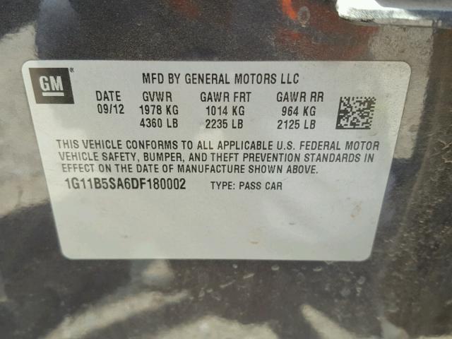 1G11B5SA6DF180002 - 2013 CHEVROLET MALIBU LS ნაცრისფერი ფოტო 10