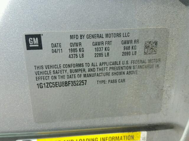 1G1ZC5EU8BF352257 - 2011 CHEVROLET MALIBU 1LT 银色 照片 10