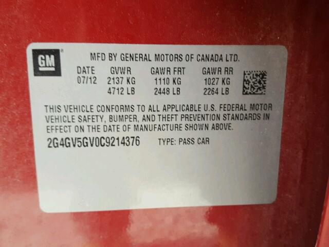 2G4GV5GV0C9214376 - 2012 BUICK REGAL GS RED photo 10