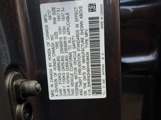 2HKRW2H96HH638434 - 2017 HONDA CR-V TOURI GRAY photo 10