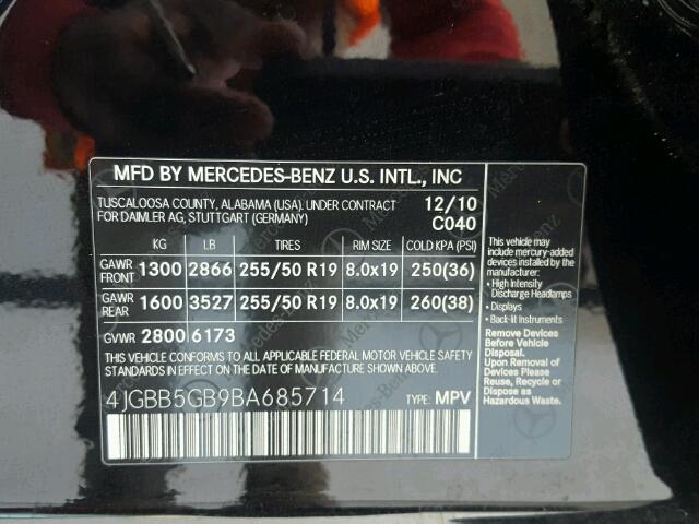 4JGBB5GB9BA685714 - 2011 MERCEDES-BENZ ML 350 BLACK photo 10