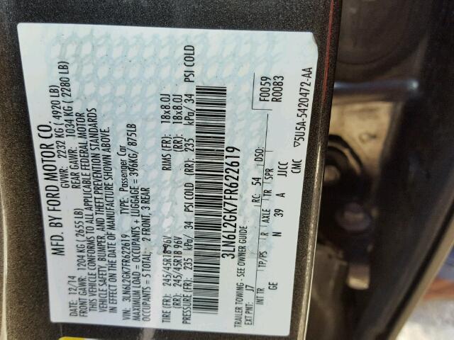 3LN6L2GK7FR622619 - 2015 LINCOLN MKZ Գրաֆիտ լուսանկար 10