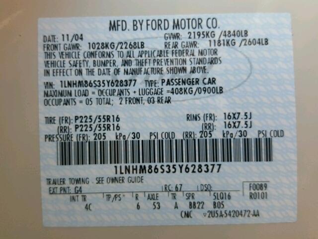 1LNHM86S35Y628377 - 2005 LINCOLN LS Ağ foto 10