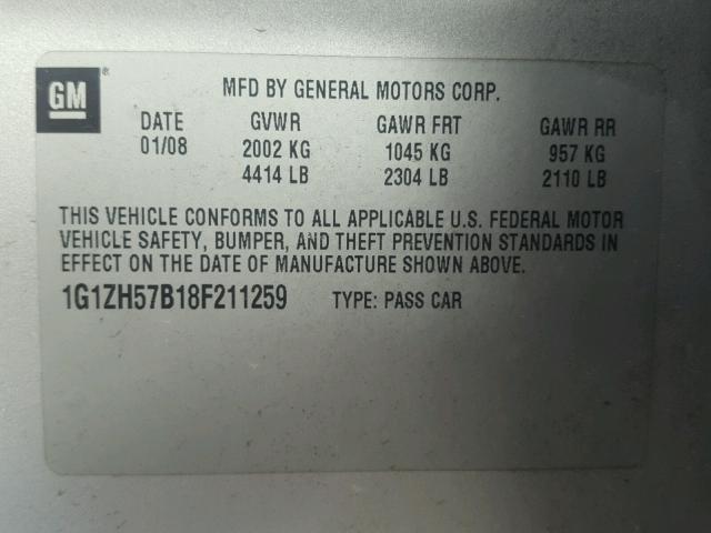 1G1ZH57B18F211259 - 2008 CHEVROLET MALIBU 1LT 银色 照片 10