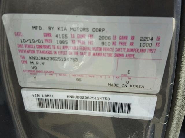 KNDJB623625134753 - 2002 KIA SPORTAGE GRAY photo 10