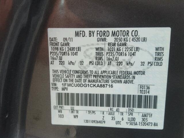 1FMCU0DG1CKA88716 - 2012 FORD ESCAPE XLT GRAY photo 10